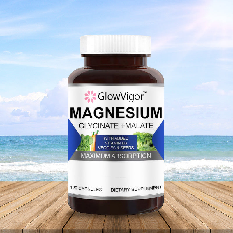 GlowVigor Magnesium Glycinate & Malate Complex WVitamin D3, 99 Chelated For Max Absorption, Vegetarian Bone Health, Nerves, Muscles, 120 Capsules, 60 Days