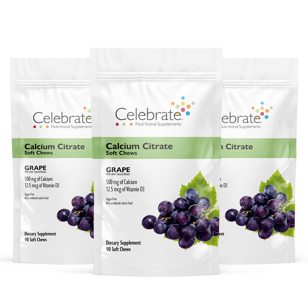 Picture of Celebrate's calcium soft chews in grape flavor in a three 90 count bags