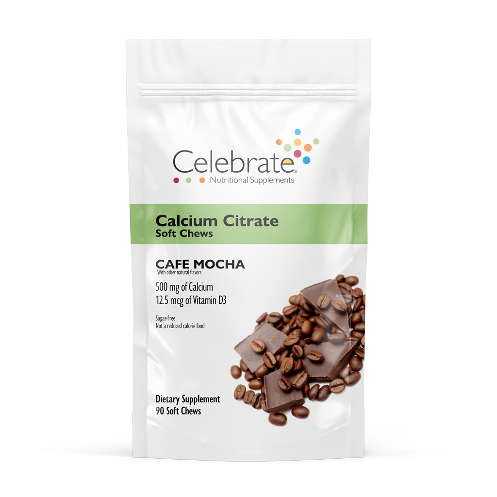 Photograph of Celebrate's calcium citrate soft chews in cafe mocha flavor in a 90 count bag