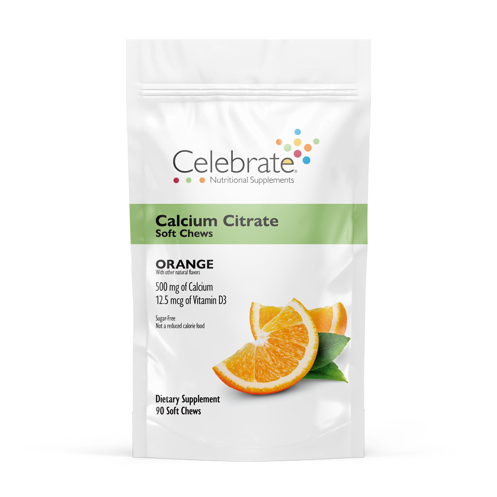 Photograph of Celebrate's calcium citrate soft chews in orange flavor in a 90 count bag