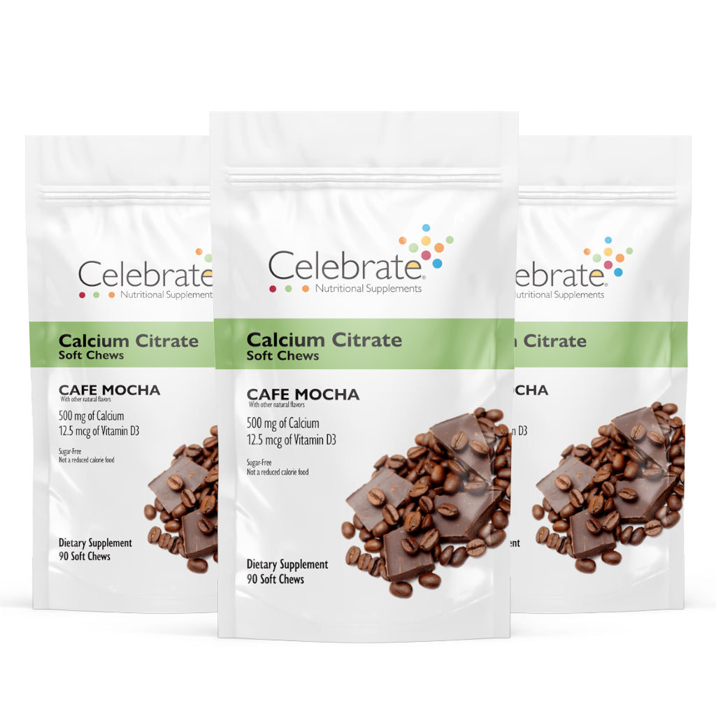Picture of Celebrate's calcium soft chews in Cafe mocha flavor in three 90 count bags