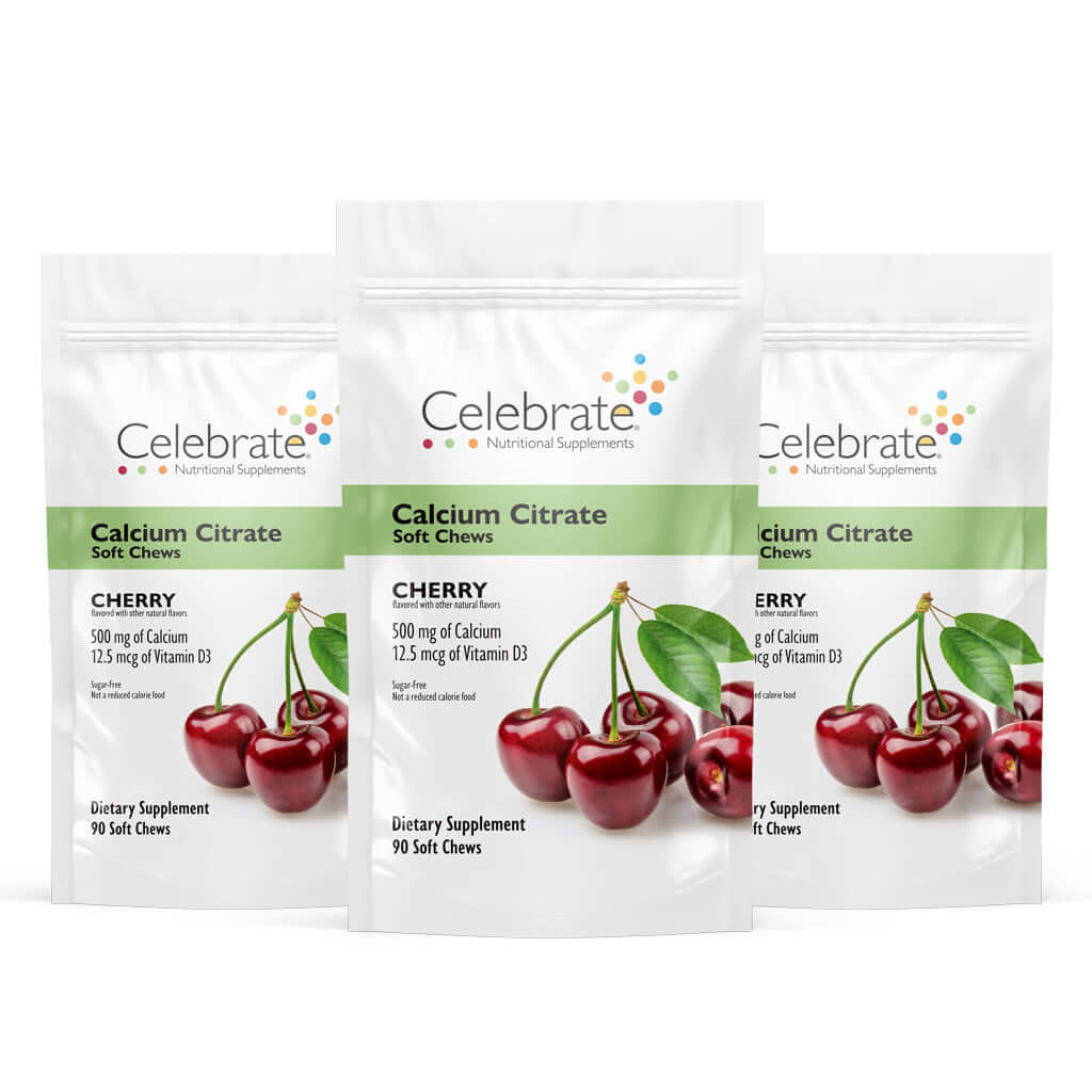 Picture of Celebrate's calcium soft chews in Cherry flavor in a three 90 count bags