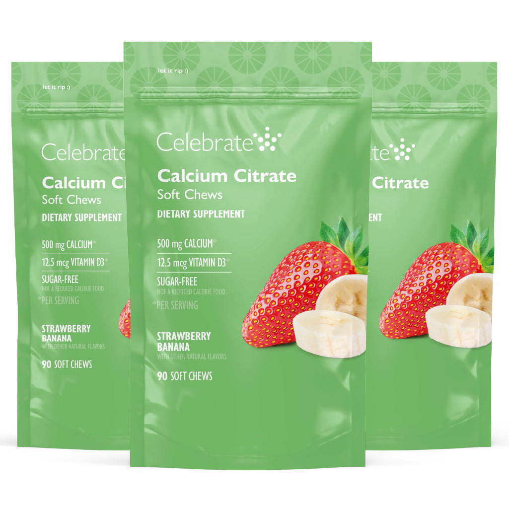 Photograph of Celebrate's calcium citrate soft chews in strawberry banana flavor in a 270 count bag