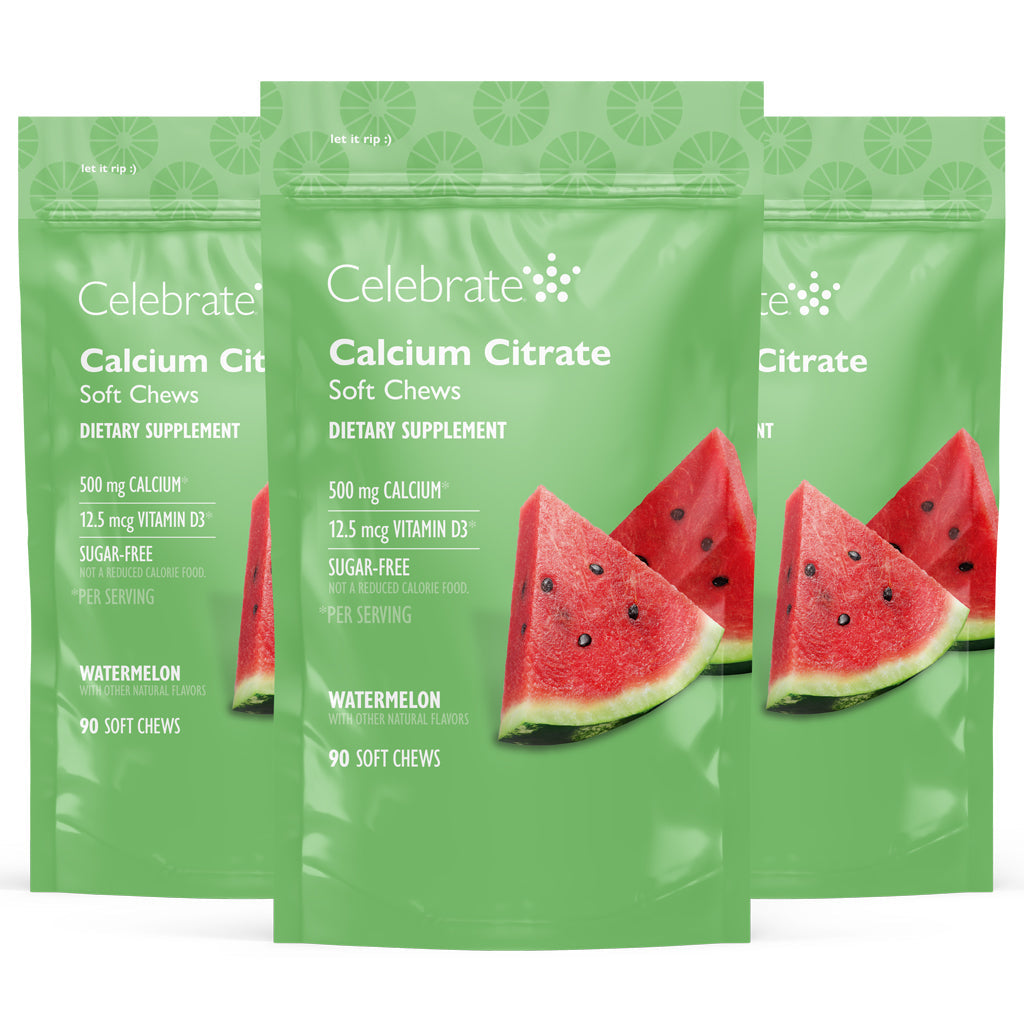 Photograph of Celebrate's calcium citrate soft chews in watermelon flavor in three 90 count bags (270)