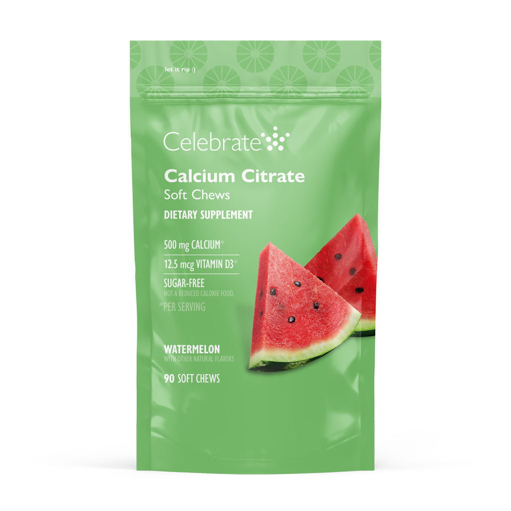 Photograph of Celebrate's calcium citrate soft chews in watermelon flavor in a 90 count bag