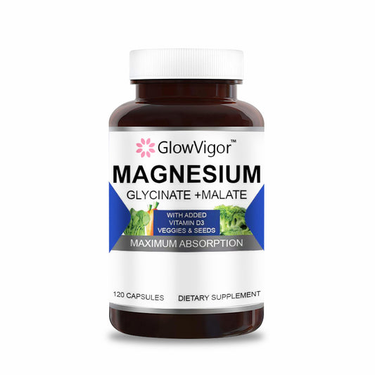 GlowVigor Magnesium Glycinate & Malate Complex WVitamin D3, 99 Chelated For Max Absorption, Vegetarian Bone Health, Nerves, Muscles, 120 Capsules, 60 Days