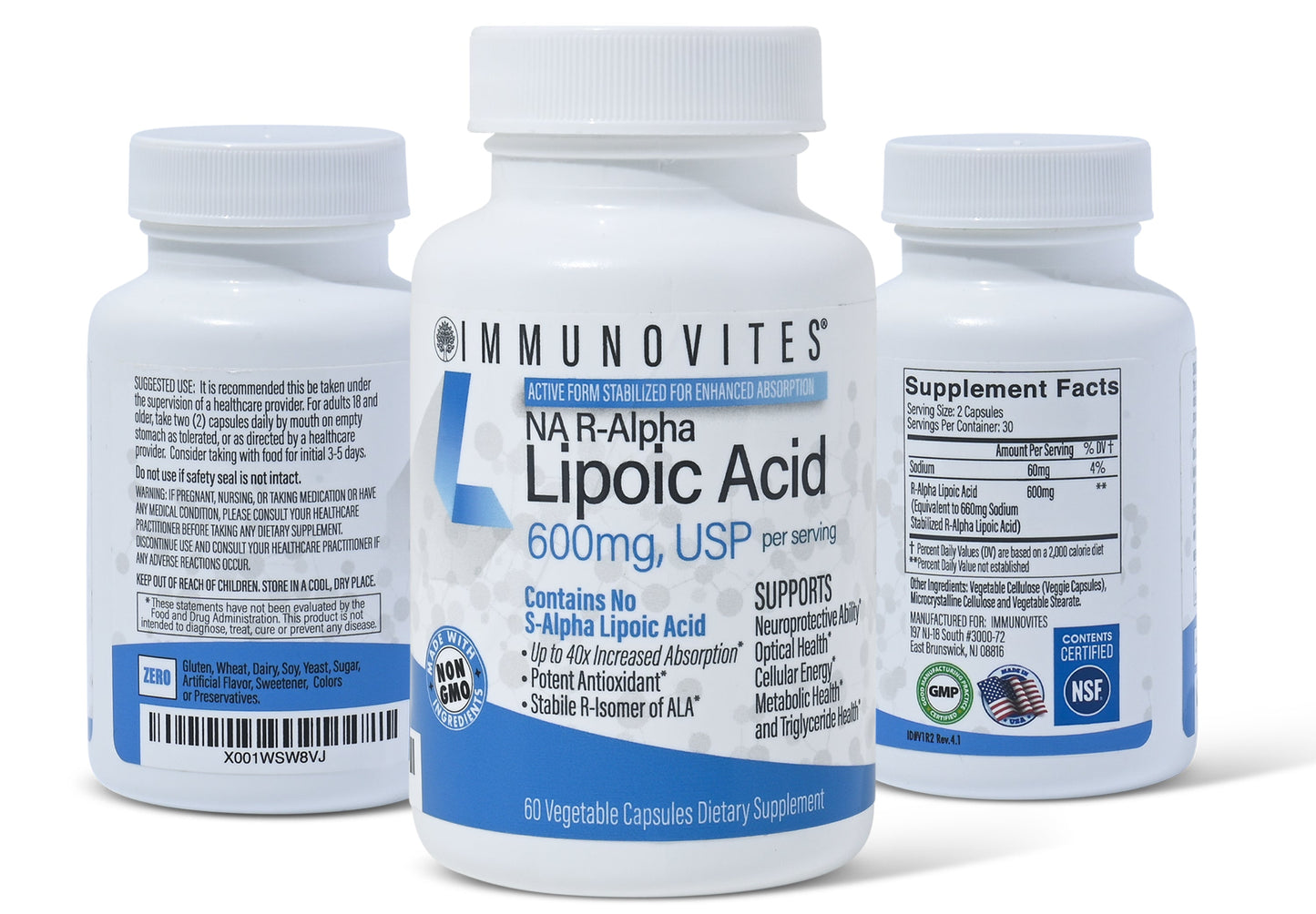 Stabilized R-Alpha Lipoic Capsules ((TRUE)) 600mg per Serving - (60ct Bottles) High Potency (Low Sodium)