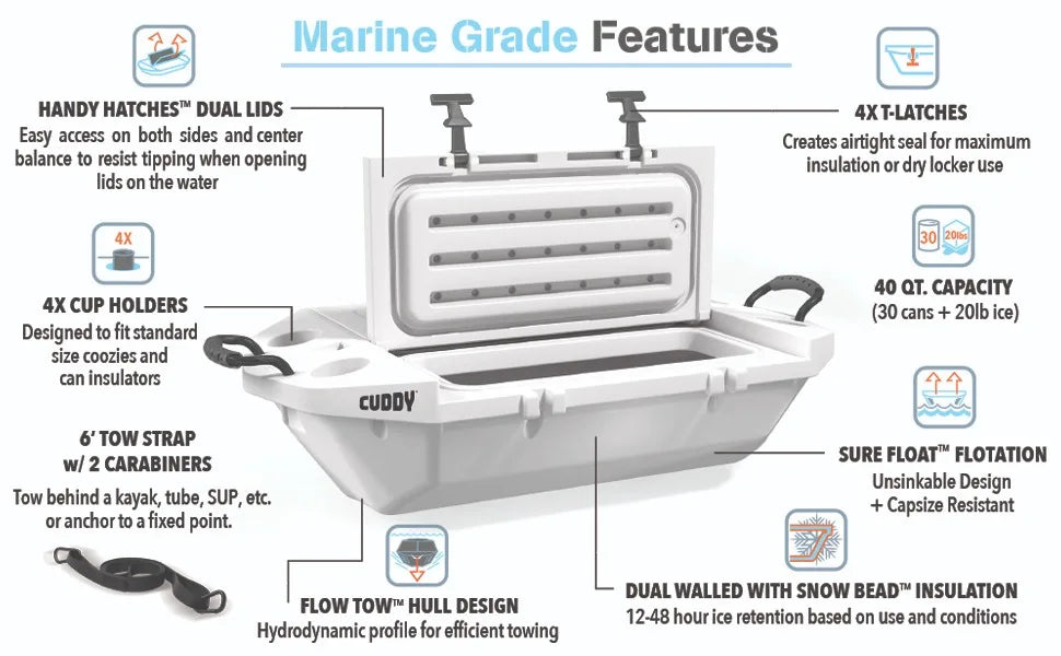 Cuddy Floating Cooler and Dry Storage Vessel – 40QT – Amphibious Hard Shell Design - Multiple Color Options US only free shipping