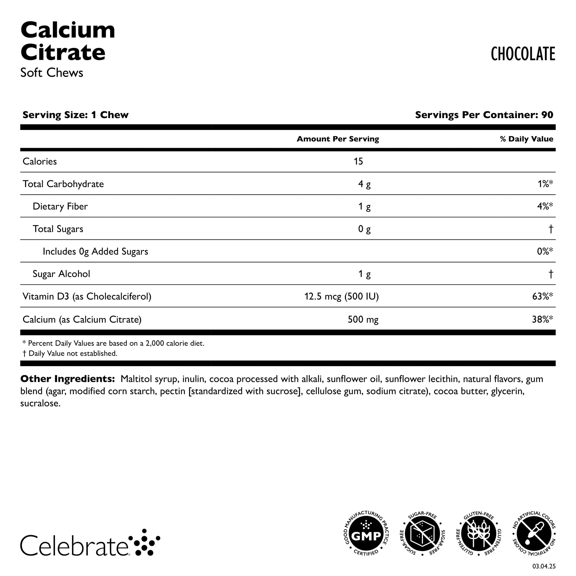 Celebrate Vitamins Calcium Citrate Soft Chew, chocolate , supplement facts