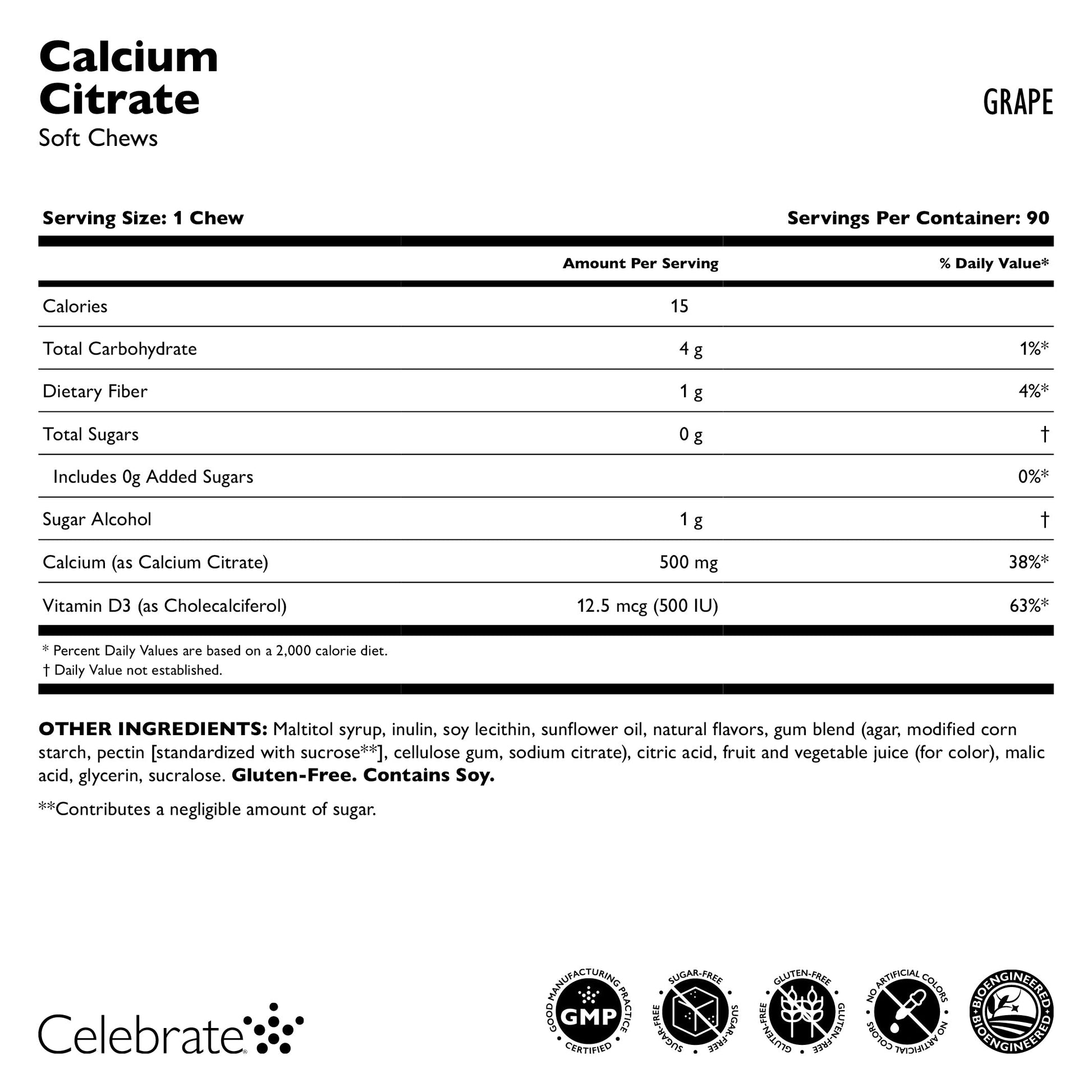 Celebrate Vitamins Calcium Citrate Soft Chew, Grape, supplement facts