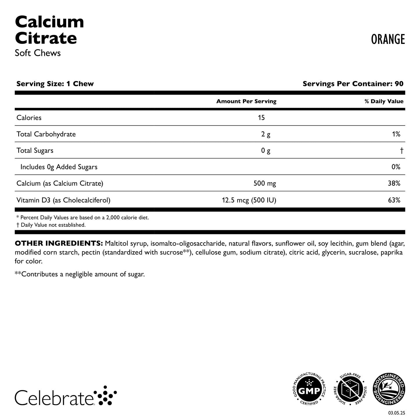 Celebrate Vitamins Calcium Citrate Soft Chew, orange, supplement facts