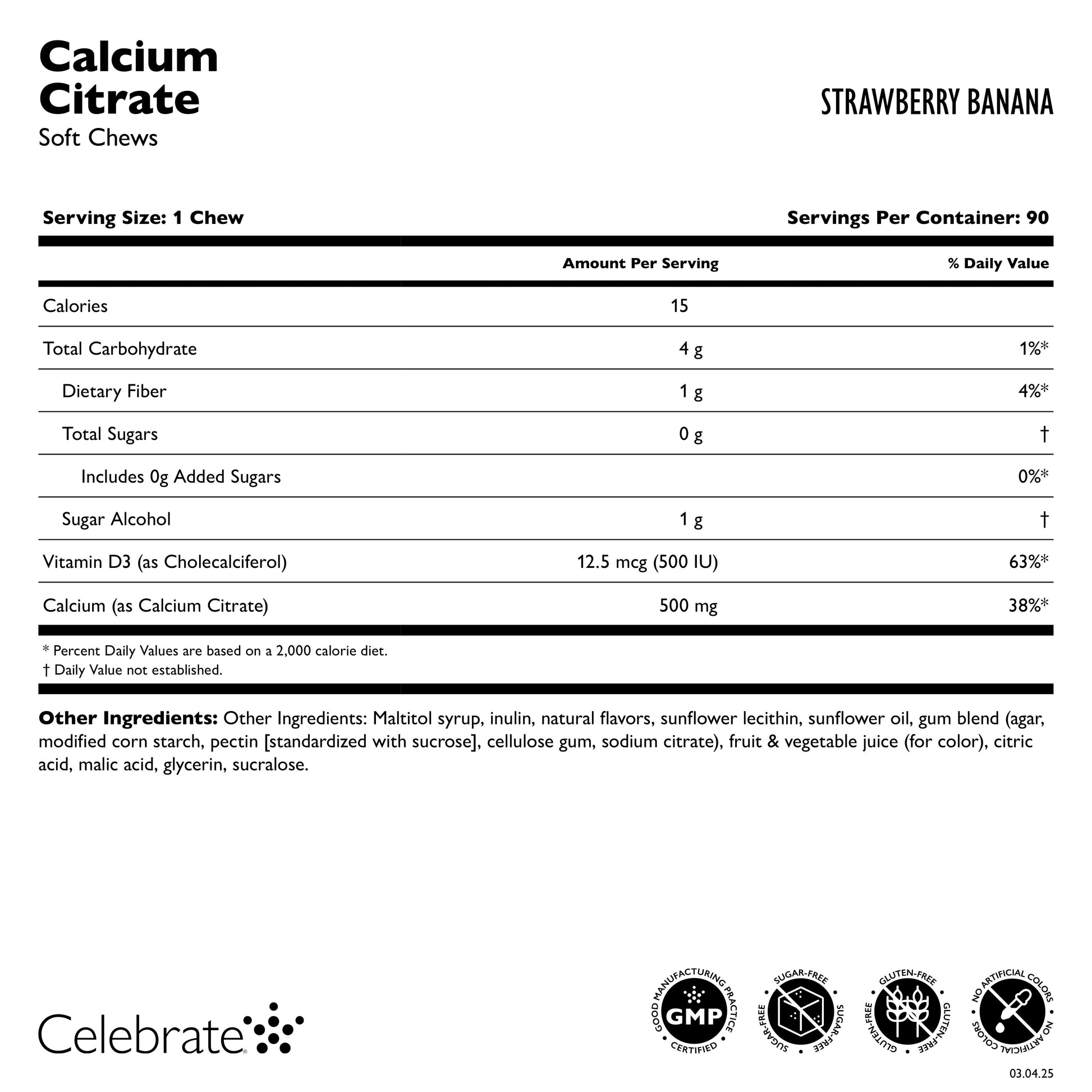 Celebrate Vitamins Calcium Citrate Soft Chew, strawberry banana, supplement facts