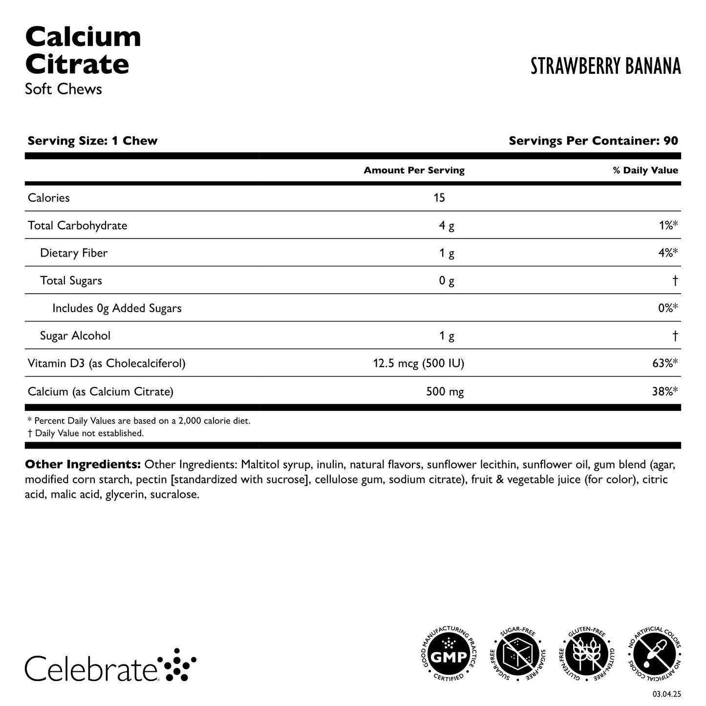 Celebrate Vitamins Calcium Citrate Soft Chew, strawberry banana, supplement facts