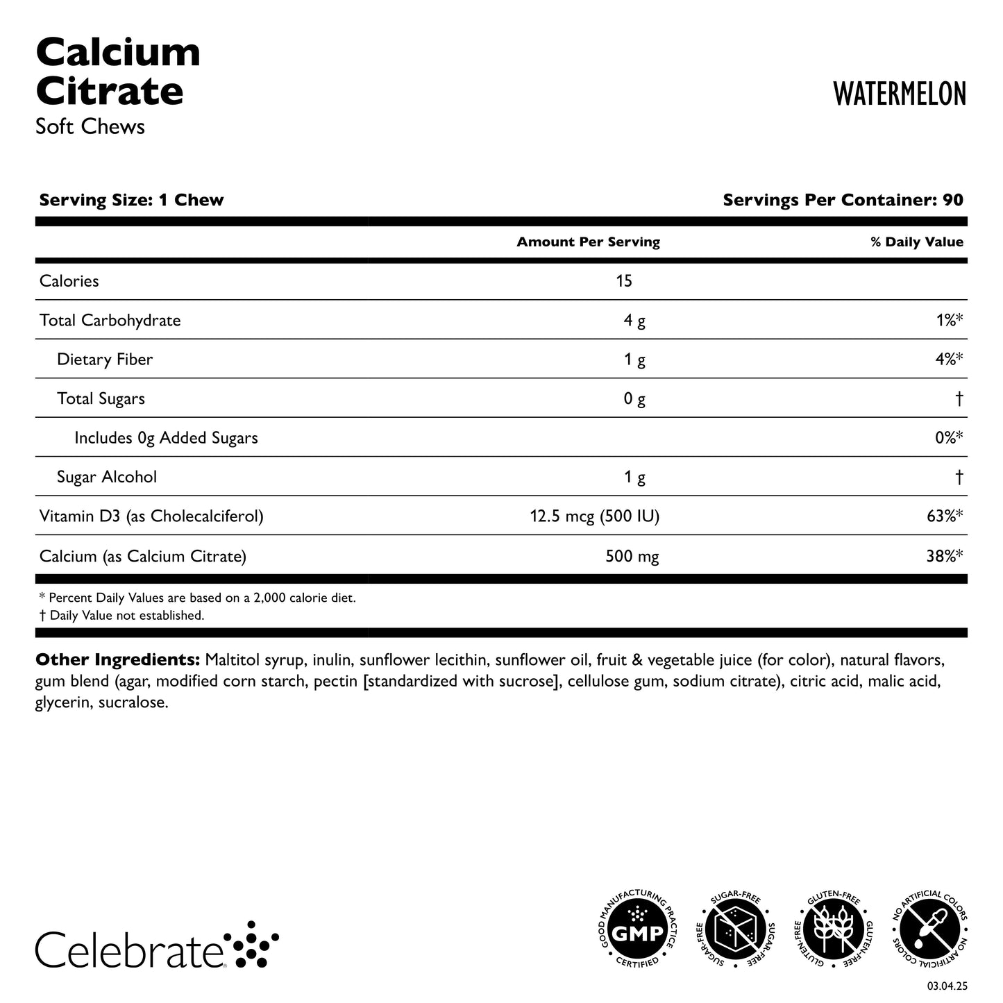 Celebrate Vitamins Calcium Citrate Soft Chew, watermelon, supplement facts