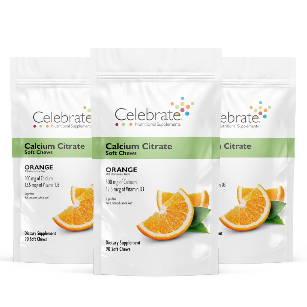 Picture of Celebrate's calcium soft chews in orange  flavor in a three 90 count bag