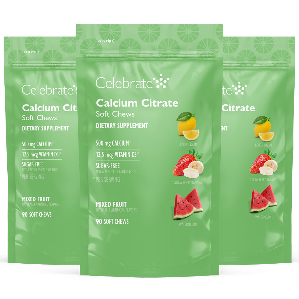 Celebrate's calcium citrate soft chews in mixed fruit variety, three 90 count bags