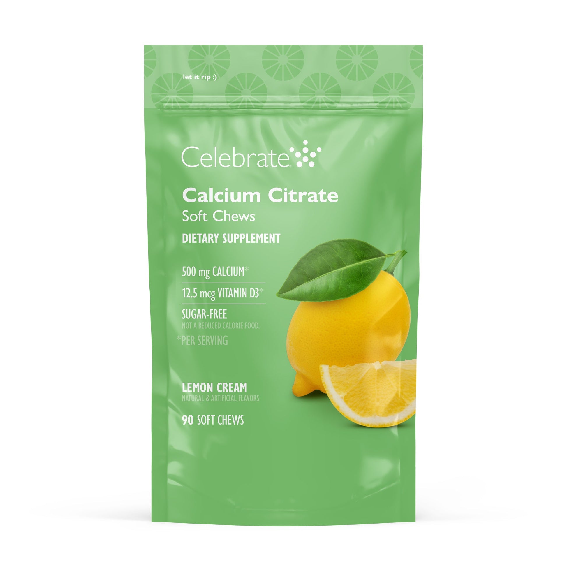 Celebrate's calcium citrate soft chews in lemon cream flavor, 90 count bag