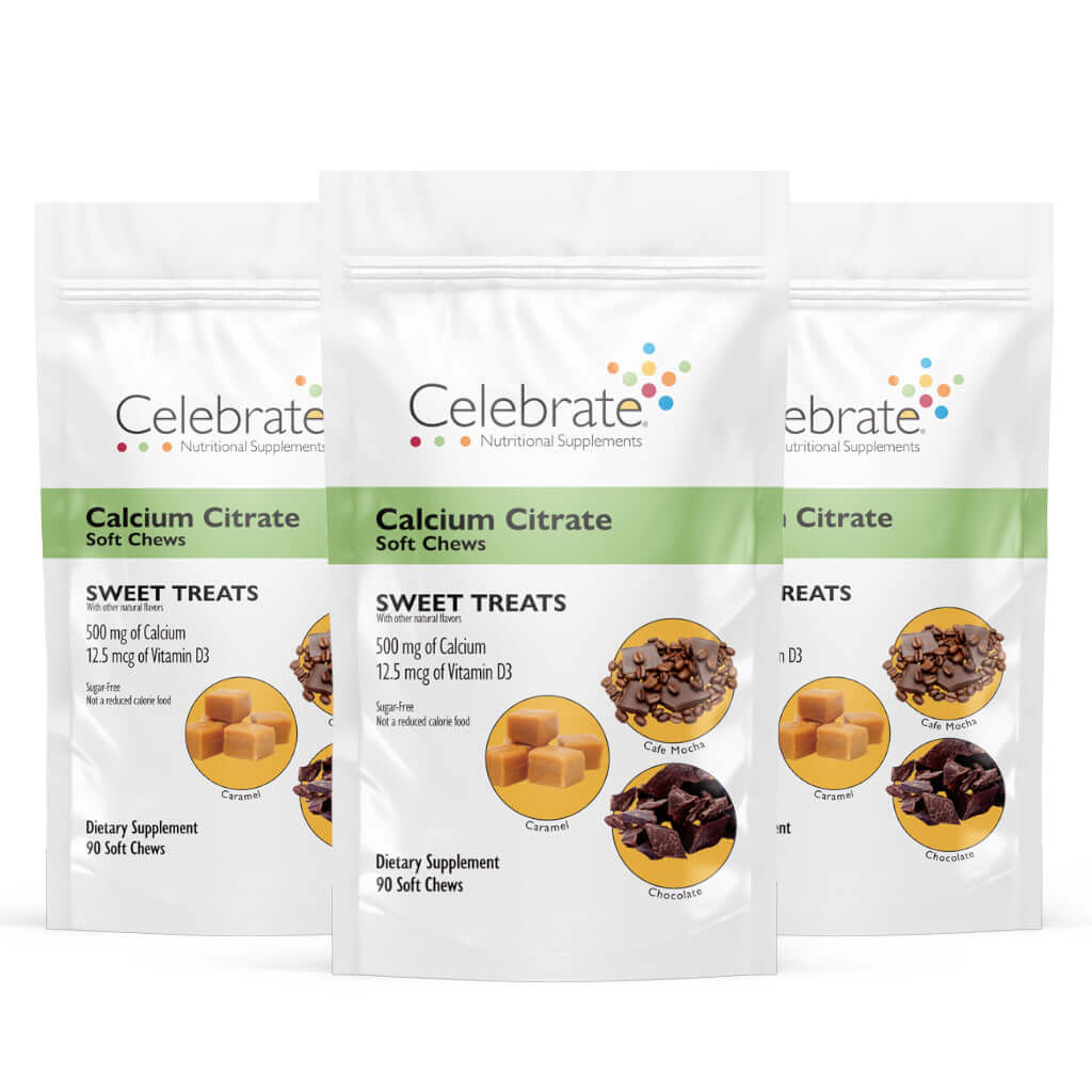 Picture of Celebrate's calcium soft chews in sweet treats  flavor in three 90 count bags